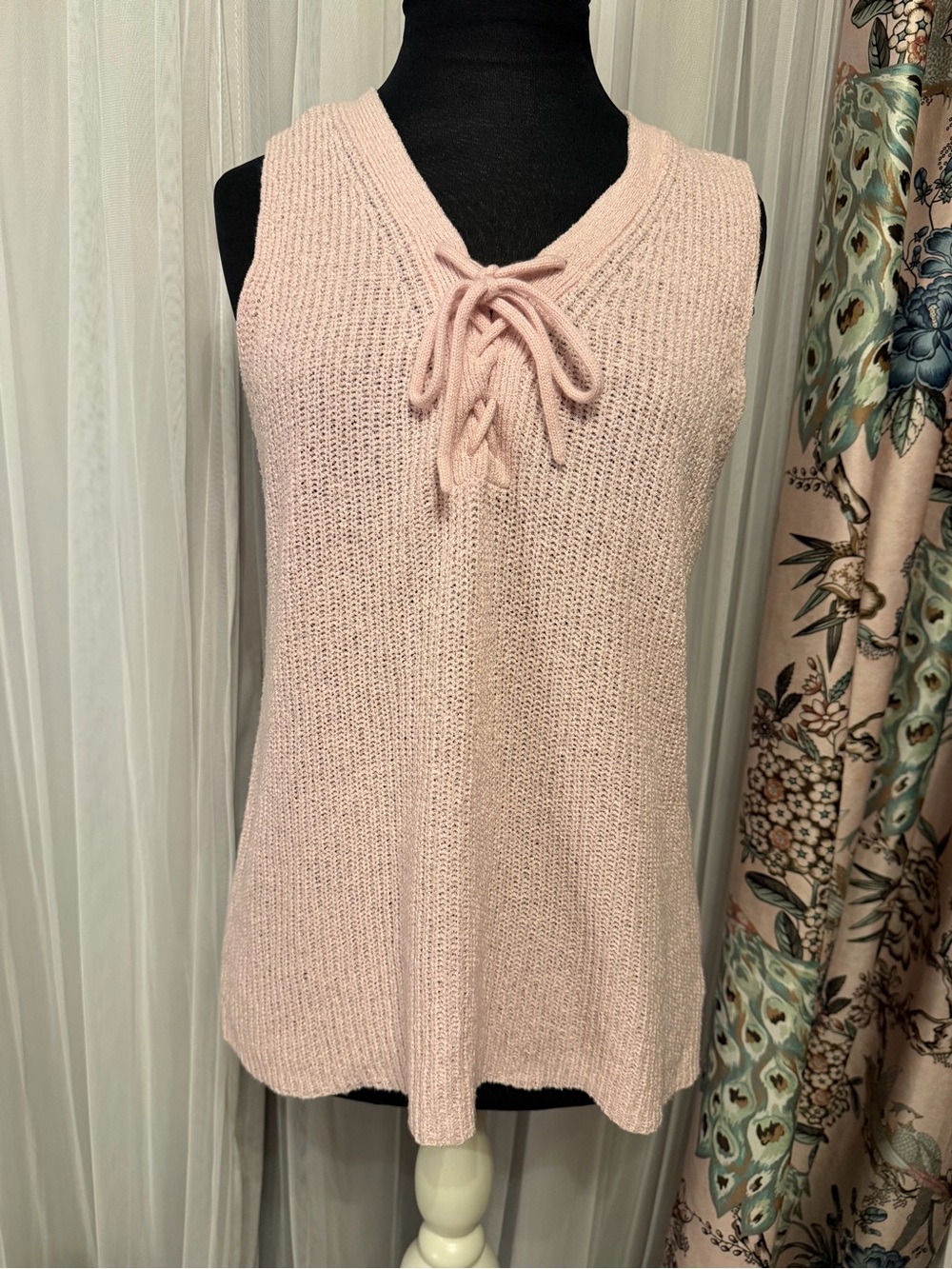 Marled Lace-Up Knit Tank Top - Light Pink